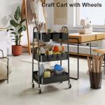 3 Tier Metal Rolling Cart with Lockable Wheels, Black Three Tiered Utility Storage Organizer Carts on Wheels for Bathroom, Kitchen, Laundry, Garage, Office, Craft, Art, Baby, Diaper Caddy, Snack, Book