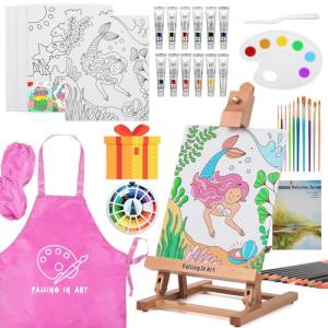 Falling in Art Tabletop Easel Set, Portable Wooden Art Easel Painting Kits for Kids, Easel for Painting Canvases, Including 12 Colors Acrylic Paints, 10 Paintbrushes and 4 Canvas Panels, Pink