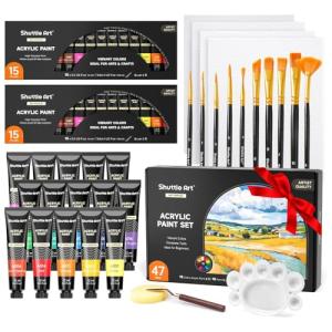 47 Pack Acrylic Paint Set, Shuttle Art 15 Colours (12ml Each, 2Pack) Acrylic Paint with 10 Brushes Painting Canvas Knife Palette Sponge, Complete Gift Set for Kids, Adults Painting Canvas, Ceramic