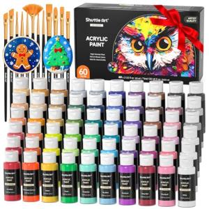 72 Pack Acrylic Paint Set, Shuttle Art 60 Colors Acrylic Paint Including Extra White Black & 12 Brushes, 2oz/60ml, Rich Pigmented, Water Proof, Ideal for Artists, Beginners on Canvas Rock Wood Ceramic
