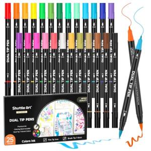Shuttle Art Dual Tip Brush Marker Pens, 25 Colors Water-based Ink, Fine and Brush Tip Marker Set with 1 Coloring Book for Kids Adult Artist Calligraphy Hand Lettering Journal Doodling Writing