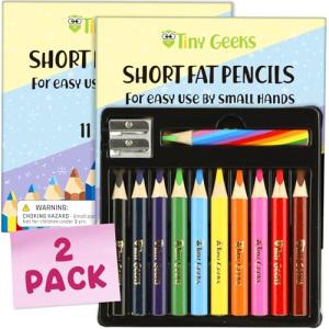 TinyGeeks Jumbo Color Pencils Set For Kids - Short Fat Triangle Pencils for Kids Ages 3-7 - For Preschoolers, Kindergarten, Toddlers, Beginners - Triangular Shape With Sharpeners