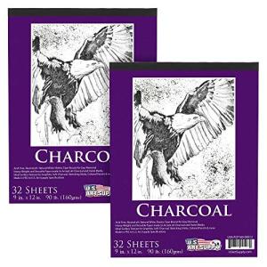 U.S. Art Supply 9" x 12" Premium Heavy-Weight Charcoal Sketchbook (2 Pack, 64 Sheets Total) - 90lb (160gsm) Sketch Book Pad for Charcoal, Pencil & Pastel Drawing