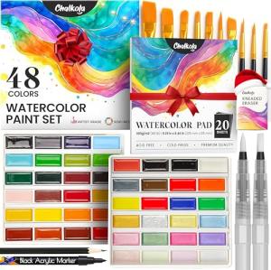 Chalkola Professional Watercolor Paint Set - 48 Semi Moist Water Colors Paint Adult Set, XL Pans | With Painting Brushes, Water Color Pad & Art Supplies | Suitable for Adults, Kids, Beginner & Artists