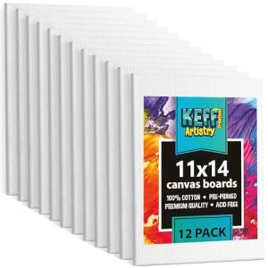 KEFF 12-Pack Bulk Canvas Boards - 11x14, Primed 100% Cotton for Acrylic, Oil, Watercolor, Tempera - Art Supplies for Adults & Kids