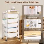 Rolling Cart with Drawers, Rolling Storage Cart with 5 Large Plastic Drawers & Wooden Tabletop, Utility Cart with Pegboards & Basket, Storage Drawers Cart for Living Room, Classroom, Bedroom, Office