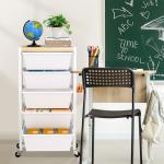 Rolling Cart with Drawers, Rolling Storage Cart with 5 Large Plastic Drawers & Wooden Tabletop, Utility Cart with Pegboards & Basket, Storage Drawers Cart for Living Room, Classroom, Bedroom, Office