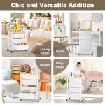 Rolling Cart with Drawers, Rolling Storage Cart with 5 Large Plastic Drawers & Wooden Tabletop, Utility Cart with Pegboards & Basket, Storage Drawers Cart for Living Room, Classroom, Bedroom, Office