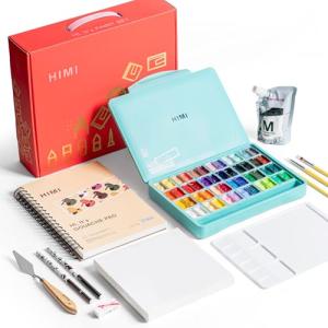 HIMI 48 Colors Twin Cup Jelly Gouache Paint Set, – Complete Art Kit with Pad, Paint Refill, Palette, Brushes, Painting Knife, Foldable Frame for Beginners, Students & Artists