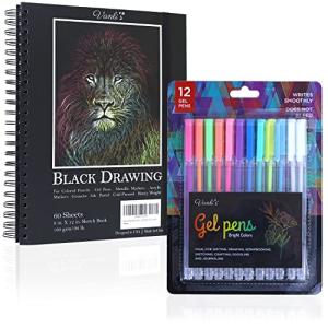 Vanli's Hardcover Black Paper Sketchbook & 12 Pack Ball Point Gel Pens Set - 2 White & 10 Colorful Pens for Drawing, Sketching, & Journaling. 9" x 12" Spiral Bound, Acid Free Black Art Paper