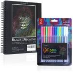 Vanli's Hardcover Black Paper Sketchbook & 12 Pack Ball Point Gel Pens Set - 2 White & 10 Colorful Pens for Drawing, Sketching, & Journaling. 9" x 12" Spiral Bound, Acid Free Black Art Paper
