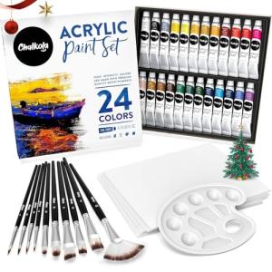 Chalkola 40 Acrylic Paint Set for Adults & Kids with 24 Acrylic Paints kit (22ml), 10 Painting Brushes, 5 Canvas for Painting (8x10) & 1 Palette