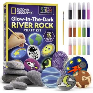 NATIONAL GEOGRAPHIC Glow in the Dark Rock Painting Kit - Arts & Crafts Kit for Kids, Decorate 15 River Rocks with 15 Paint Colors & More Art Supplies, Kids Craft, Art Kit, Kid Activity Kit