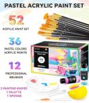 52 PCS Pastel Acrylic Paint Set with 12 Brushes, 2 Knives & Palette, 36 Colors (2oz/60ml) Art Craft Paint for Adults Kids Artists Beginners, Canvas Ceramic Rocks Wood Painting Kit Art Supplies