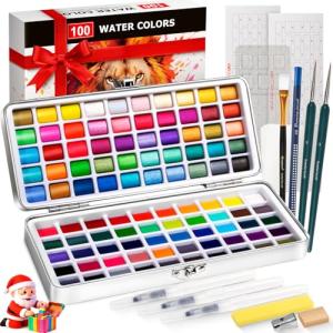 Watercolor Paint Set 100 Colors botkc Travel Water Colors kit with 7 Brushes 8 Watercolor papers Palette set Including Metallic and Accessories Art Supplies Gifts for Kids Artists Teens Adults and Hobbyists