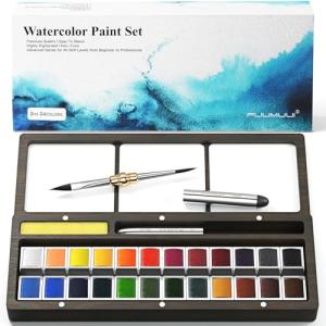Fuumuui Watercolor Paint Set, 24 Watercolor Paints with Dual Tip Travel Watercolor Brushes Wooden Palette, Art Supplies for Painting, Travel Watercolor Set, Amateur Hobbyists