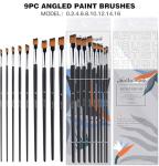 Golden Maple Angular Paint Brush, 9PC Oblique Tip Nylon Hair Long Handle Angled Paint Brushes Set Art Artist Professional Painting Supplies for Acrylic, Watercolor, Gouache and Oil Painting