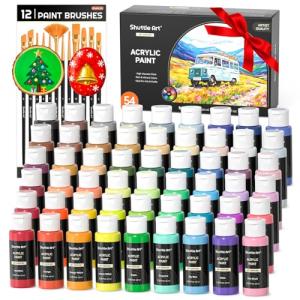 54 Colors Acrylic Paint, Shuttle Art Acrylic Paint set with 12 Paint Brushes, 2oz/60ml Bottles, Rich Pigmented, Water Proof, Premium Paints for Artists, Beginners and Kids on Canvas Rocks Wood Ceramic