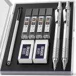 Nicpro 2 PCS Mechanical Pencil 0.5mm & 0.7 mm with Case, MP1000 Metal Artist Pencil Set with 6 Tubes HB Lead Refills, 3 Erasers, 9 Eraser Refills For Art Writing Drafting, Drawing, Sketch, Silver