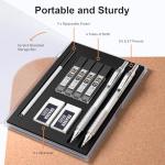 Nicpro 2 PCS Mechanical Pencil 0.5mm & 0.7 mm with Case, MP1000 Metal Artist Pencil Set with 6 Tubes HB Lead Refills, 3 Erasers, 9 Eraser Refills For Art Writing Drafting, Drawing, Sketch, Silver