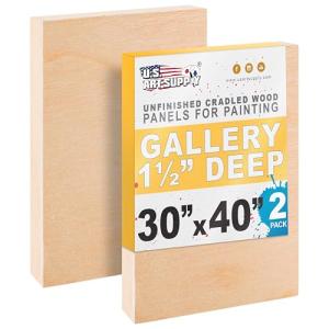 U.S. Art Supply Unfinished Cradled Wood Panels for Painting, 2 Pack of 30x40 inch - Gallery Birch Wooden Canvas Boards 1-1/2" Deep - Mixed-Media Craft, Acrylic, Oil, Encaustic, Paint Pouring