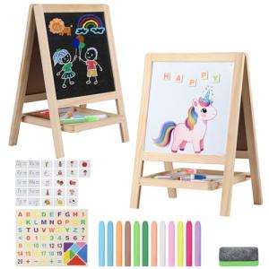Tabletop Painting Wooden Art Easel for Kids - 4-in-1 Double-Sided Drawing Board for Toddlers 2-4, Chalkboard & Dry Whiteboard with Markers, Eraser, Magnetic Letters/Numbers & Flashcards