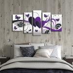 Wieco Art Purple Love Butterfly 5 Panels Modern 100% Hand Painted Stretched and Framed Abstract Romance Artwork Oil Paintings on Canvas Wall Art Ready to Hang for Home Decor 5pcs/set