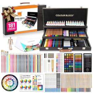 COLOUR BLOCK 181 pc Mixed Media Art Set in Exquisite Wooden Case - Acrylic & Water color Paints, Sketching, Colored Pencils, Soft & Oil Pastels