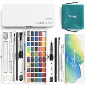 JusArt 50 Colors Watercolor Paint Set,Art Supplies with Metallic Color, Detail Painting Brushes, Water Brush Pens, Portable Travel Painting Kit for Artists, Professionals, Adults, Kids