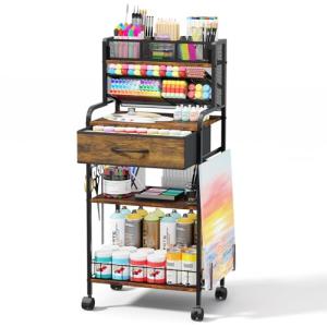 Homsorout Art cart, 3 Tier Rolling Cart - Utility Cart with Storage Drawer and Wheels, Versatile Art & Craft Organizer for Home, Office, or Studio Ideal for Storing Brushes, Paints （Brown）