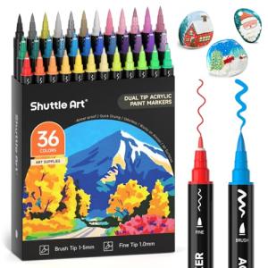 Shuttle Art 36 Colors Dual Tip Acrylic Paint Markers, Brush and Fine Tip for Rock Painting, Ceramic, Wood, Canvas, Plastic, Glass, Stone, Calligraphy, Card Making, DIY Crafts