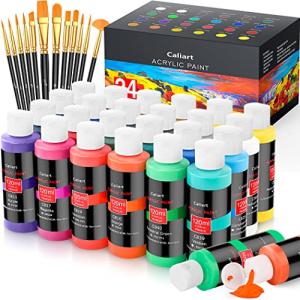 Caliart Acrylic Paint Set With 12 Brushes, 24 Colors (120ml, 4oz) Art Craft Paints for Adults Artists Beginners Painters, Canvas Ceramic Wood Rock Painting Art Supplies Kit