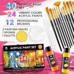40 Pcs Acrylic Paint Set - 24 Colors (2oz/60ml) with 12 Brushes, 2 Knives & Palette - Rich Pigments for Adults, Kids, Artists & Beginners - Painting on Halloween Pumpkin Canvas Ceramic Rock Wood