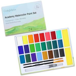 24 Colors Large Block Watercolor Paint Set for Watercolors Workbook, Portable Water Colors Paint Kit with 2 Paintbrushes 1 Waterbrush, for Adult Kids Painting Beginners & Professional Amateur Hobbyists (Classic 24 Colors)