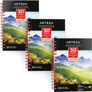 ARTEZA Watercolor Paper, Pack of 3, 30 Sheets Each, 5.5x8.5 Inches Watercolor Pad, 140lb/300gsm, Cold Press, Acid Free Art Paper