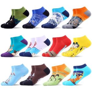 WeciBor Men's Colorful Funny Oil Painting Famous Art Cotton Ankle Socks 12 Pack, Size 7.5-12