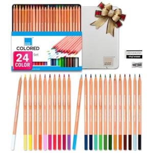 COLOUR BLOCK Colored Pencil Set - 24PC Premium Cedar Handle Drawing Pencils, Vinyl Eraser, Sharpener, Tin Storage Box