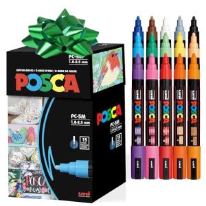 Posca Paint Art Markers, Set of 15 5M Medium Acrylic Markers with Reversible Tips, Artist Recommended Paint Pens for Gifts, Decorations, Fabric, Metal, Glass, Wood and Canvas
