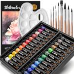 Nicpro 60 PCS Watercolor Paint Set for Adults, Beginner & Artists, 24 Tubes Water Color Paint Kit with 25 Watercolor Paper, 8 Squirrel Paint Brushes, Palettes, Color Wheel, Art Painting Supplies