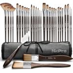 Nicpro 32pcs Paint Brush Set, Professional Paintbrushes with Paint Spatula and Cloth Roll Case, Craft Paint Brushes for Acrylic Painting, Oil, Watercolor, Gouache, Art Supplies for Artists Beginners