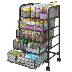 5-Tier Craft Organizer Cart with Wheels-Storage Cart with Drawers,Lockable Wheels Rolling Utility Cart,Makeup Cart with DIY Divider,Office Supply Organizer Storage for Studio,Office,Bedroom,Black