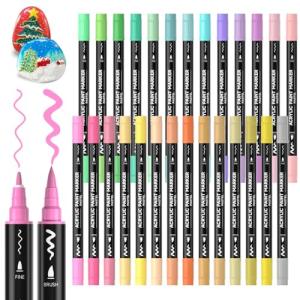 28 Pastel Colors Dual Tip Acrylic Paint Markers, Brush Tip and Fine Tip Acrylic Paint Pens for Rock Painting, Ceramic, Wood, Canvas, Plastic, Glass, Stone, Calligraphy, Card Making, DIY Crafts