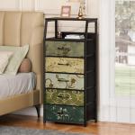 Furnulem Retro 5 Drawers Dresser, Tall Dressers for Bedroom, Closet, Hallway, Nursery, Fabric Storage Tower Organizer, Vertical Nightstand Side Table Furniture, Steel Frame, Wood Top