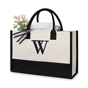 TOPDesign Embroidery Initial Canvas Tote Bag, Personalized Present Bag, Suitable for Wedding, Birthday, Beach, Holiday, is a Great Gift for Women, Mom, Teachers, Friends, Bridesmaids (Letter W)