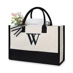 TOPDesign Embroidery Initial Canvas Tote Bag, Personalized Present Bag, Suitable for Wedding, Birthday, Beach, Holiday, is a Great Gift for Women, Mom, Teachers, Friends, Bridesmaids (Letter W)