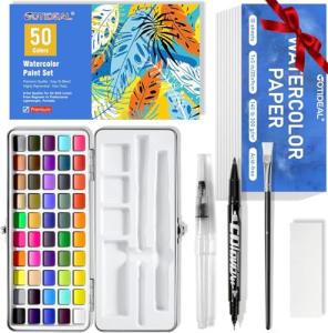 GOTIDEAL Watercolor Paint Set, 50 Vivid Colors with Metal Portable Carrying Case, Perfect Travel Water Colors Paint Adult Set for Artists,Beginners,Professionals