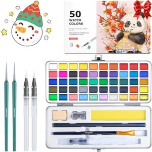 Watercolor Paint Set 100 Colors botkc Travel Water Colors kit with 7 Brushes 8 Watercolor papers Palette set Including Metallic and Accessories Art Supplies Gifts for Kids Artists Teens Adults and Hobbyists (50 unique colors)