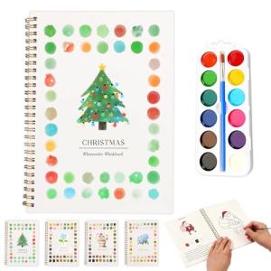 Watercolor Workbooks, Beginner Watercolor Painting Kit –Water Coloring Book Paint Set Workbook with 12 Watercolor Paints & Brush (Christmas)