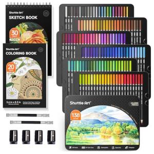 Shuttle Art 138 Colored Pencils for Adults, Soft Core Coloring Pencils Set with 1 Coloring Book,1 Sketch Pad, 4 Sharpener, 2 Pencil Extender, Perfect for Artists Kids Adults, Drawing