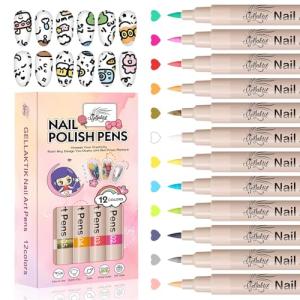 GELLAKTIK 12 Colors Nail Art Pens Set, 3D Nail Color Pens, Quick-Drying Acrylic Paint Markers, Dotting Liner Brush for DIY Nail Design, Home & Salon Manicure Tools